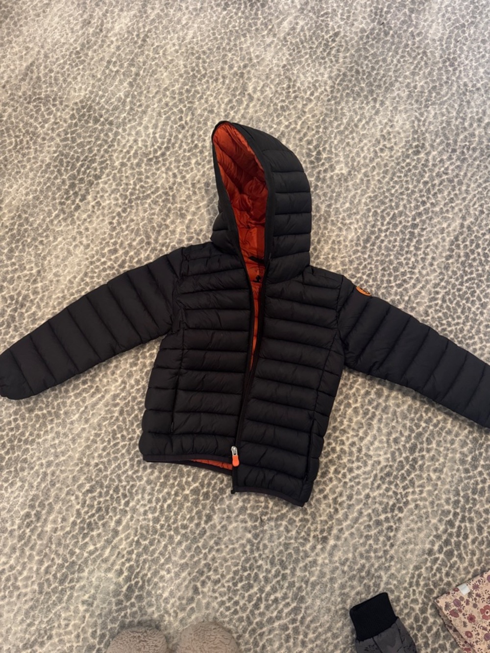SAVE THE DUCK Kids Black Puffer Jacket with Orange Lining